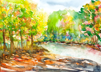 Obraz na płótnie Canvas river and forest watercolor painted
