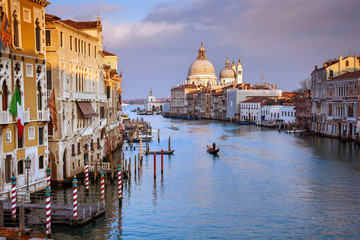 view of the Grand Canal and Basilica Santa Maria della Salute during sunset, Venice, Italy, Europe