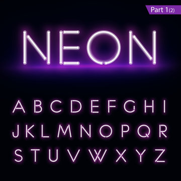 Realistic neon alphabet. Glowing font. Vector format part 1