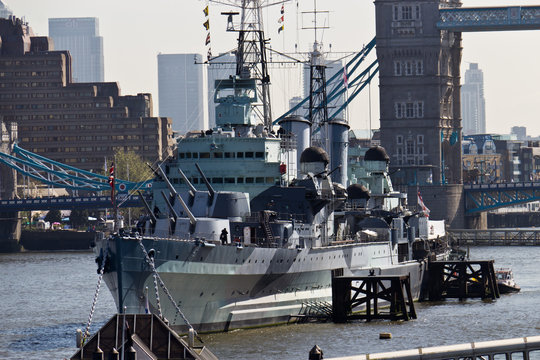 HMS Belfast (C35) a Royal Navy light cruiser on the River Thames
