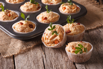 Delicious muffins stuffed with meat close up. horizontal
