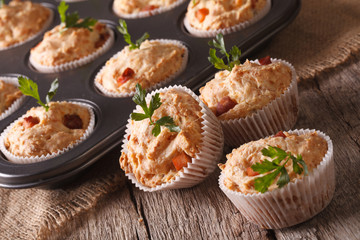 muffins with meat and cheese close-up on the table. Horizontal
