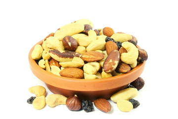 Mixed dried fruits trail mix in white background