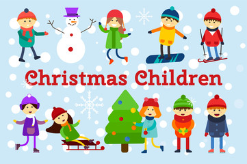 Obraz na płótnie Canvas Christmas kids playing winter games. Skating, skiing, sledding