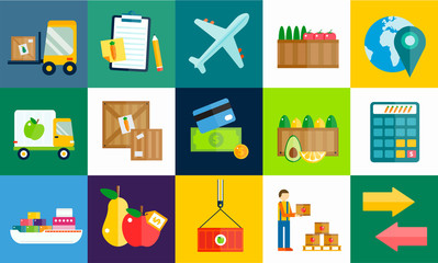 Import export fruits and vegetables delivery vector icons set
