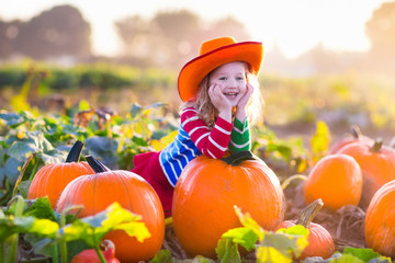 Child playing on pumpkin patch