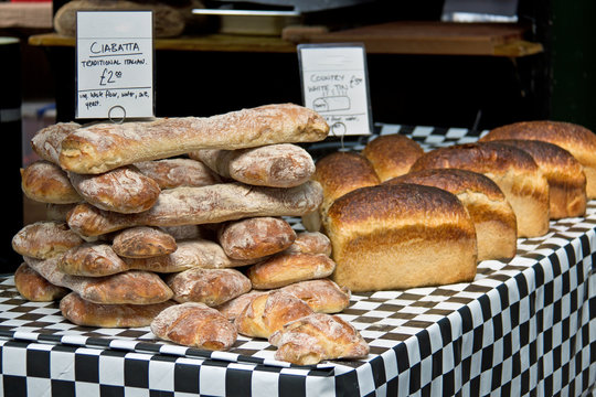 Assorted breads, rolls, baguettes for sale at the bakery