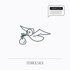 Stork with sack icon. Newborn baby symbol.