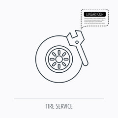 Tire service icon. Wheel and wrench key sign.