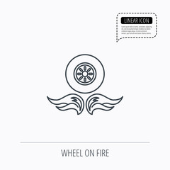 Car wheel icon. Fire flame symbol.