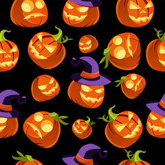 Pattern of Halloween Pumpkins in Witches Hat Vector Illustration