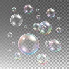 Transparent multicolored soap bubbles vector set on plaid