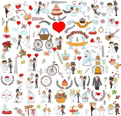 Doodle wedding set for invitation cards, including template design decorative elements - flowers, bride, groom, church, hearts 