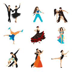 Dancing styles flat icons set