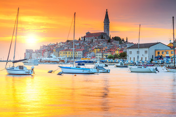 Beautiful sunset with Rovinj harbor,Istria region,Croatia,Europe - obrazy, fototapety, plakaty