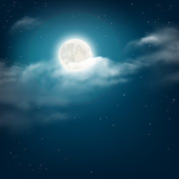 Night sky background, cloudy sky with the shining stars and moon. Vector illustration