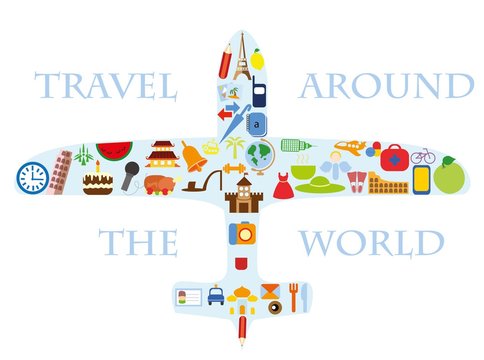 Flat design style vector illustration icons set of traveling on airplane, planning a summer vacation, tourism and journey objects and passenger luggage