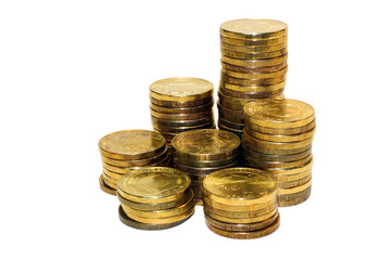 Golden coins isolated on white background.Russian metallic roubles.