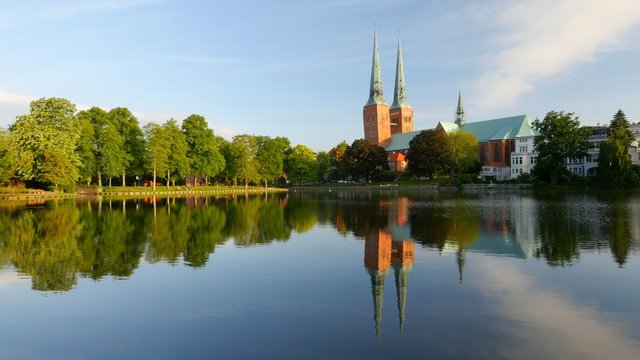 Lubeck old town, Cathedral and Trave river, Germany