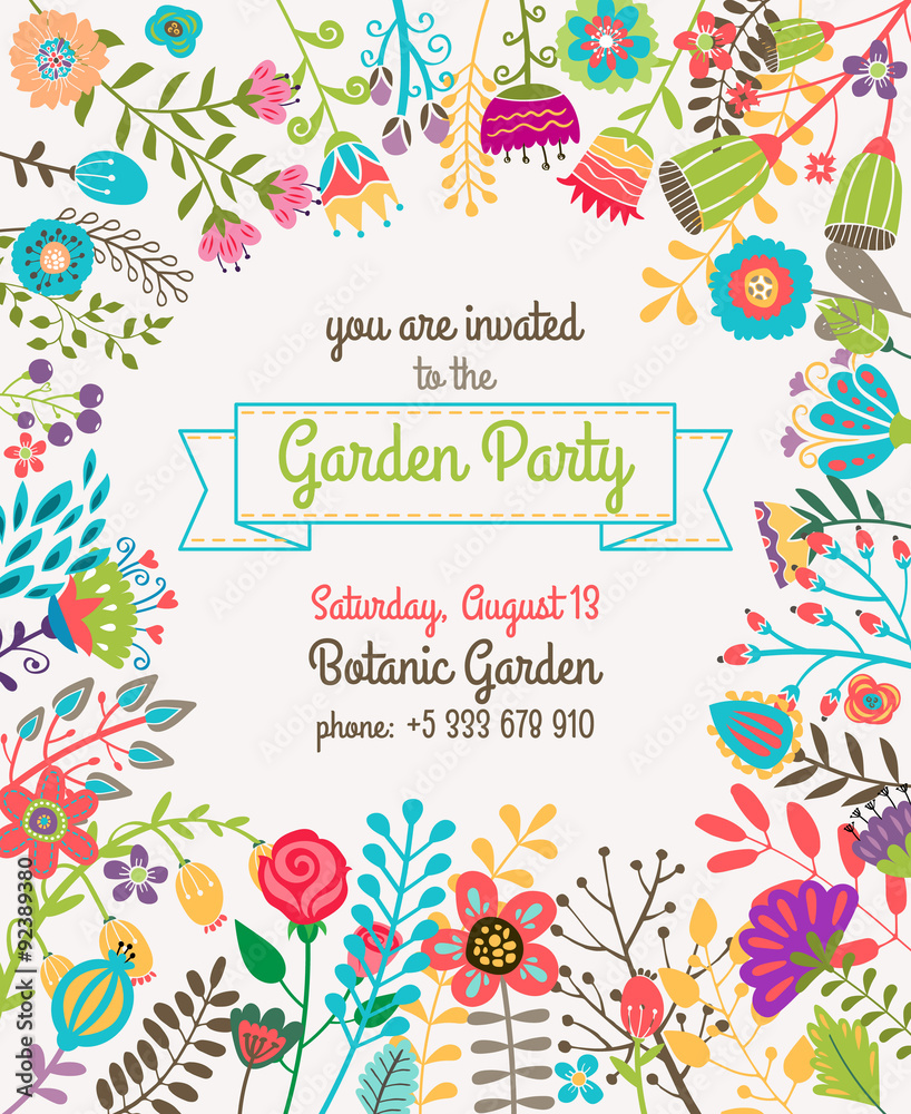 Wall mural Garden or summer party invitation template poster