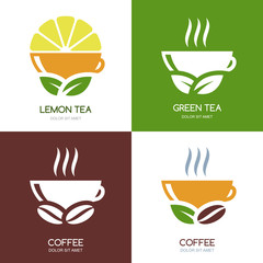 Set of vector green tea and hot coffee flat logo icons.