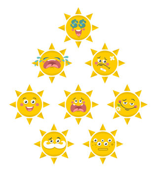 Set of yellow smile faces of sun.