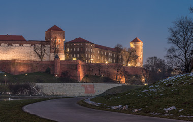 Wawel Castle seen from the Vistula boulevards in the evening