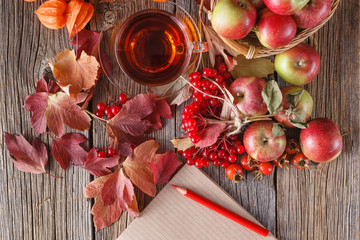 Fall wealth on rustic wooden background with notes