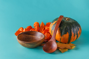 Colored pumpkin on aquamarine shadowless background