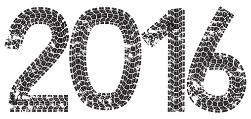 2016 inscription made from motorcycle tire tracks, isolated on white