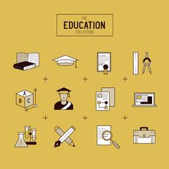 Education Vector Icon Set. A collection of gold study and research symbols including objects and tools. Vector illustration.