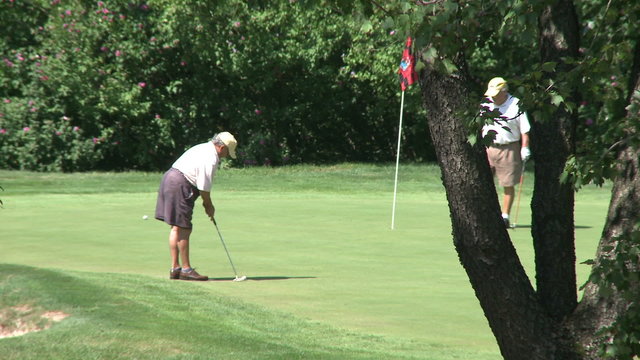 Golfers putting on green