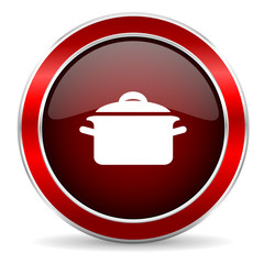 cook red circle glossy web icon, round button with metallic border