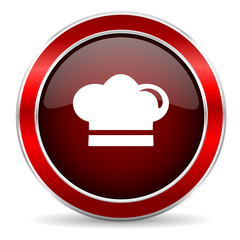 cook red circle glossy web icon, round button with metallic border