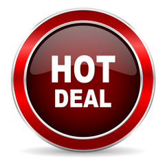 hot deal red circle glossy web icon, round button with metallic border