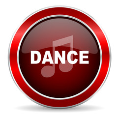 dance music red circle glossy web icon, round button with metallic border