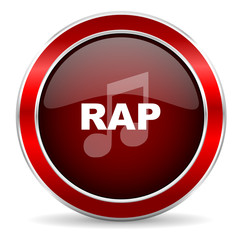 rap music red circle glossy web icon, round button with metallic border