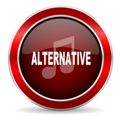 alternative music red circle glossy web icon, round button with metallic border