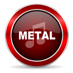 metal music red circle glossy web icon, round button with metallic border
