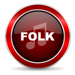 folk music red circle glossy web icon, round button with metallic border