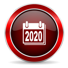 new year 2020 red circle glossy web icon, round button with metallic border
