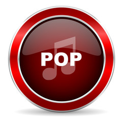 pop music red circle glossy web icon, round button with metallic border