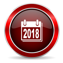 new year 2018 red circle glossy web icon, round button with metallic border