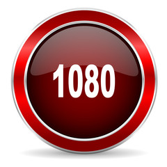 1080 red circle glossy web icon, round button with metallic border