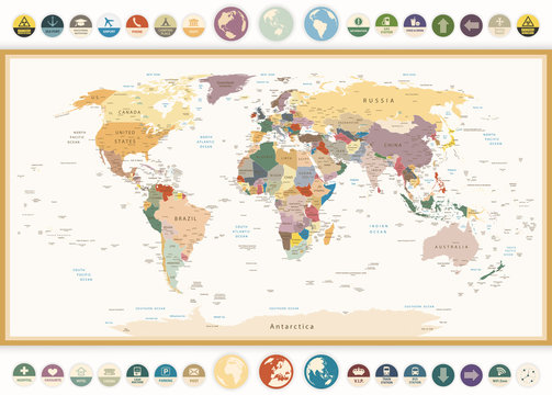 Political World Map with flat icons and globes.Vintage colors.