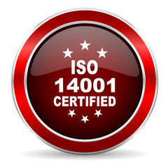 Fototapeta na wymiar iso 14001 red circle glossy web icon, round button with metallic border