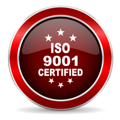 iso 9001 red circle glossy web icon, round button with metallic border