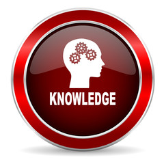 knowledge red circle glossy web icon, round button with metallic border