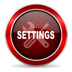 settings red circle glossy web icon, round button with metallic border