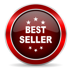 best seller red circle glossy web icon, round button with metallic border